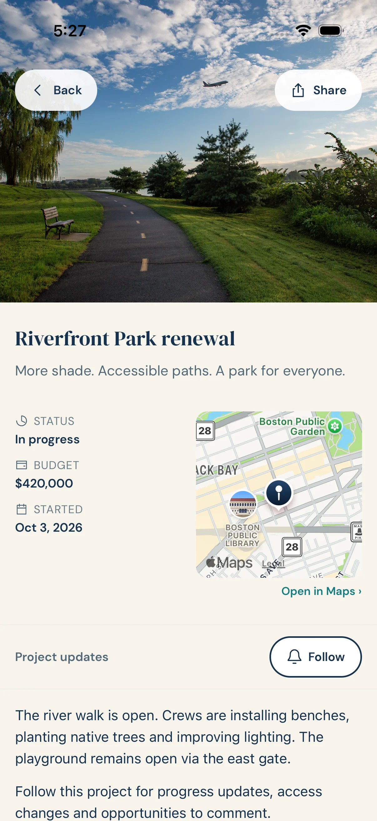 GovHub iOS project detail showing Riverfront Park renewal, budget, location and follow updates